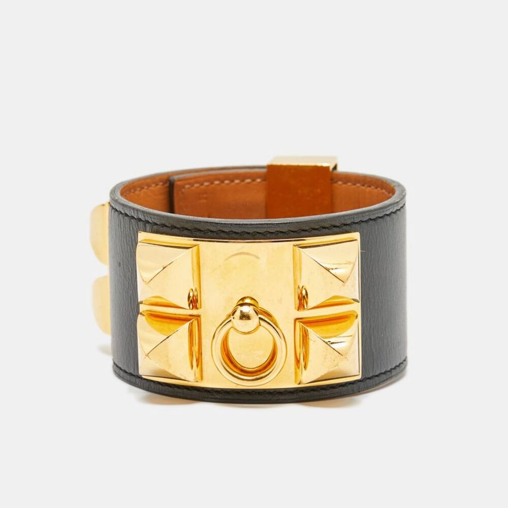 HermÈS Collier De Chien Black Leather Gold Plated Bracelet S